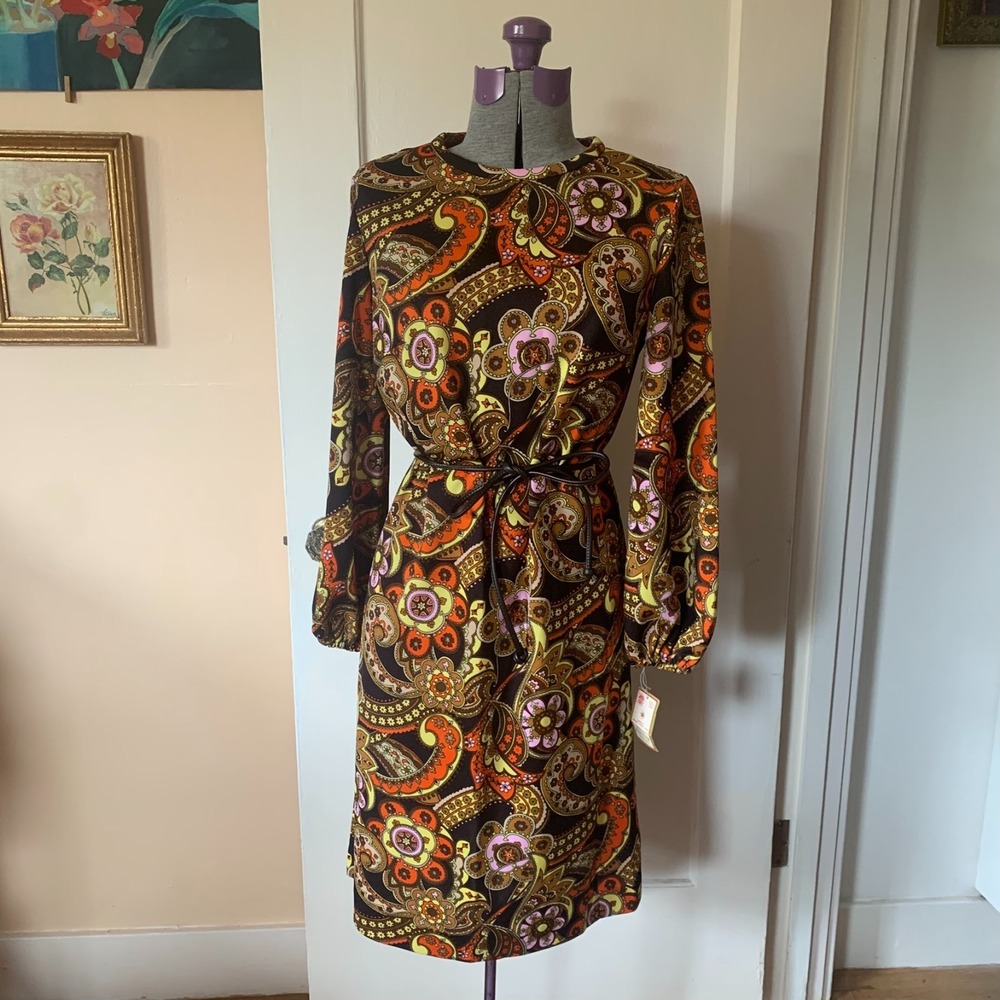 Vintage Puritan Forever Young Paisley Long Sleeve Dress Brown Orange